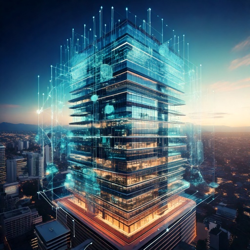 Firefly A futuristic digital twin of a skyscraper with layers revealing architectural, structural, a
