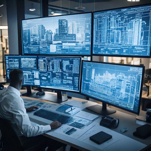 Firefly A high-tech architectural workspace with multiple monitors displaying CAD and BIM software, (1)